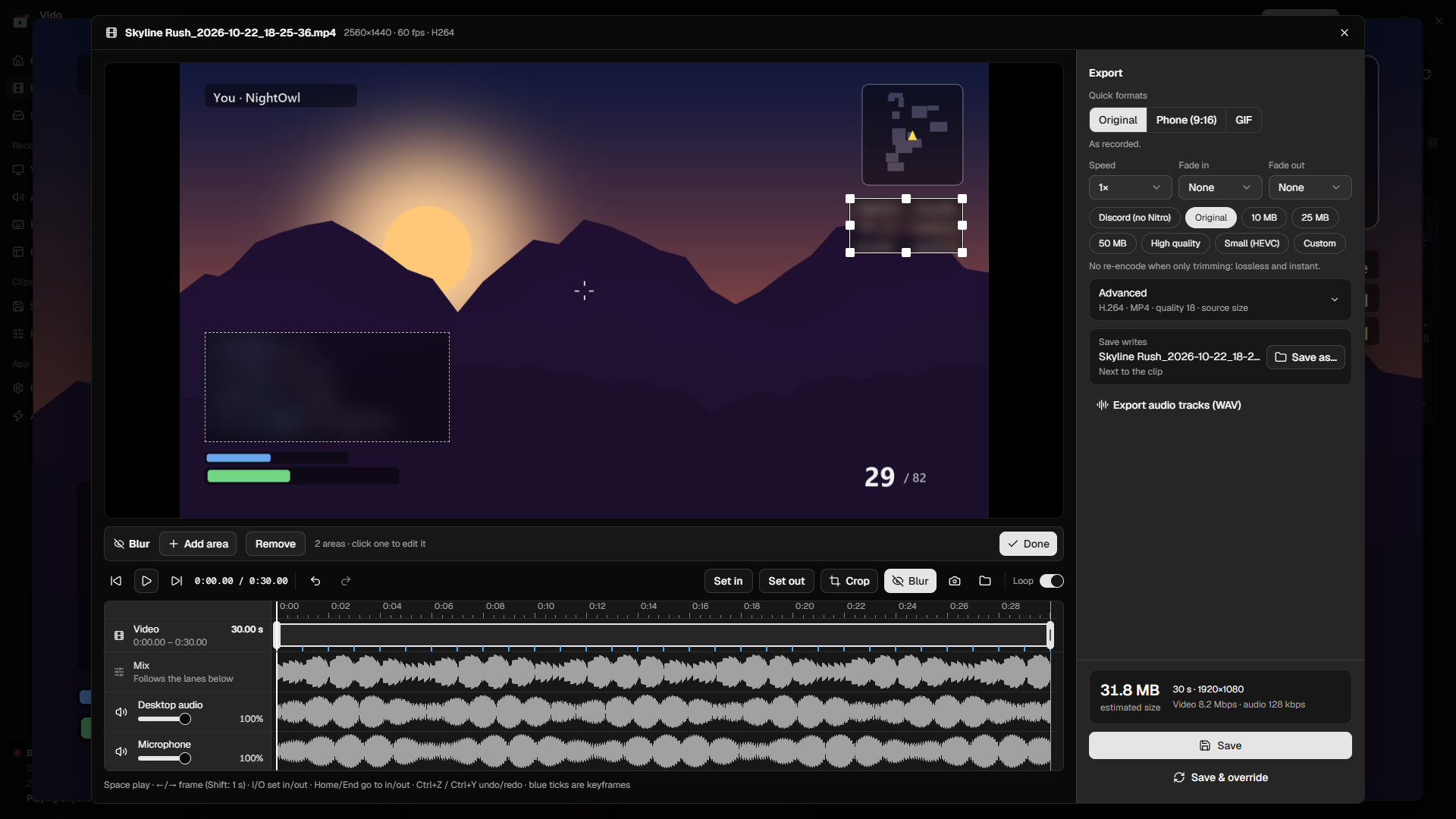 Privacy blur boxes over team chat and player names in Vido's editor